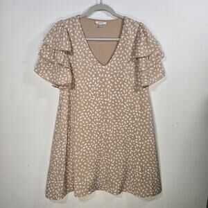 Jodifl Women's Tan And White Print A Line Shift Dress; Ruffled Sleeves Size S